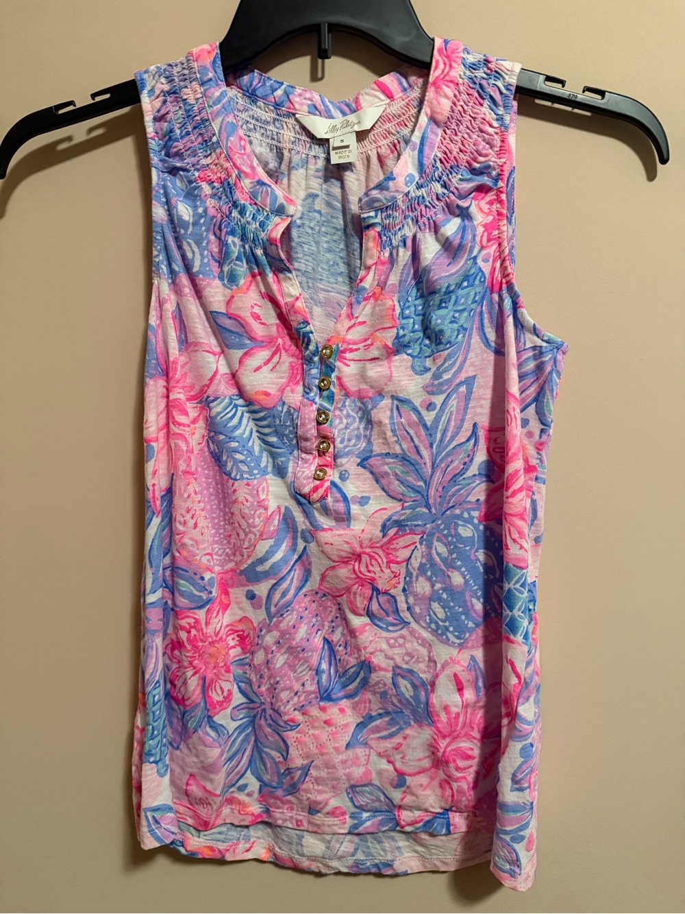 Lilly Pulitzer Pink and Blue Floral Henley Tank Top
